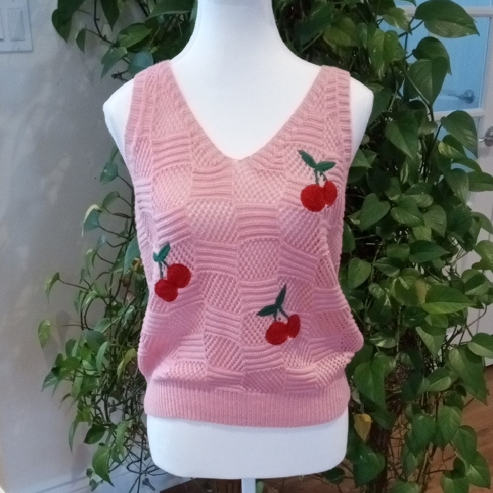 SHEIN Pink Cherry Knit V-Neck Tank Top
